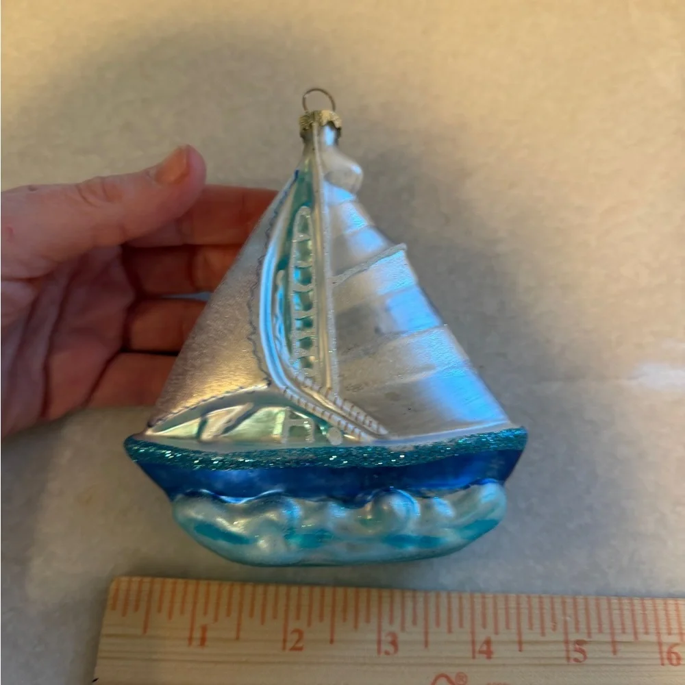 Blue and Silver Sailboat Blown Glass Ornament